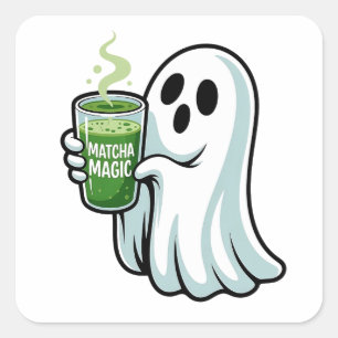 Adesivo Quadrado Bebendo Fantasma do Spookie Halloween Matcha Drink