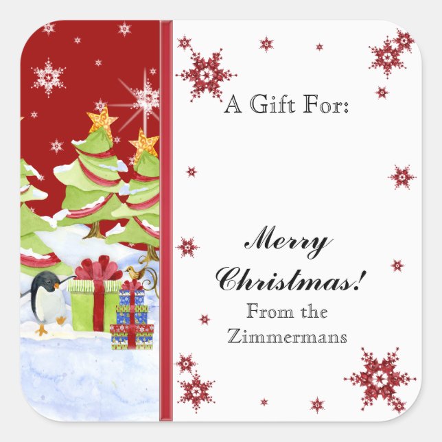 Adesivo Quadrado Bebês de Pinguim Cugado Inverno em Estrela de Neve (Frente)