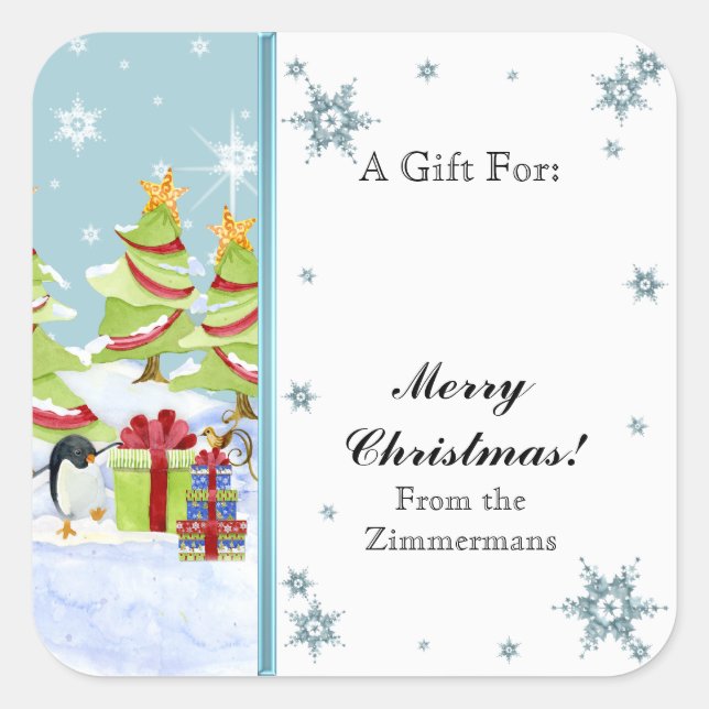 Adesivo Quadrado Bebês de Pinguim Cugado Inverno em Estrela de Neve (Frente)