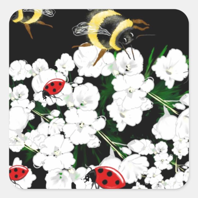 Adesivo Quadrado Bebês-frade e flores brancas em preto (Frente)