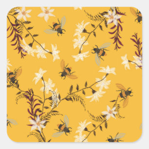 Adesivo Quadrado Bee e borboleta Vintage: Arte Floral Bordada