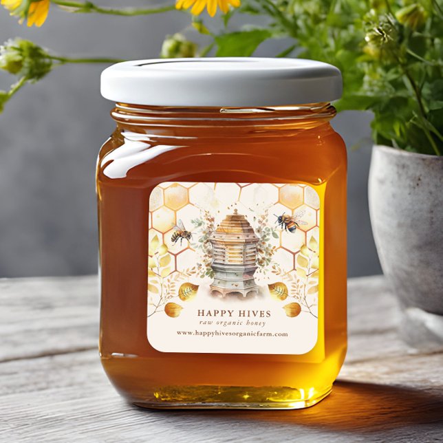 Adesivo Quadrado Bee Hive Beekeeper Watercolor (Criador carregado)