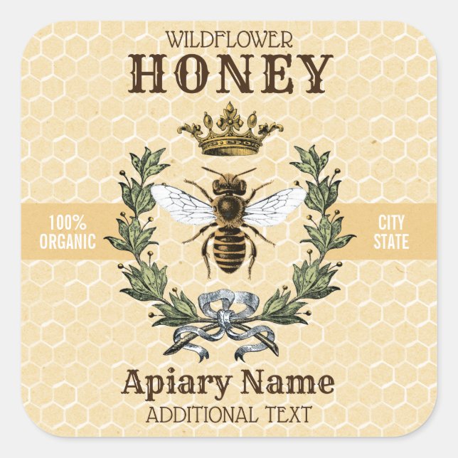 Adesivo Quadrado Bee Wreath and Crown Honey Jar 3 SQUARE (Frente)
