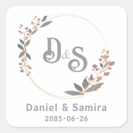 Adesivo Quadrado Bege e Azul Floral Nome Personalizado Elegante