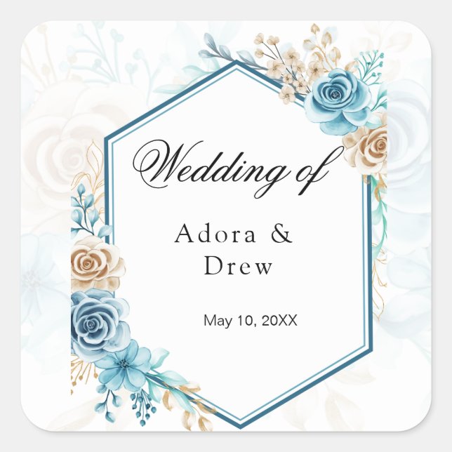 Adesivo Quadrado Beige blue Elegant Floral Wedding (Frente)