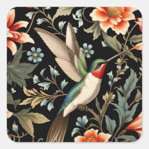 Adesivo Quadrado Beija-flor lindo em fundo floral escuro