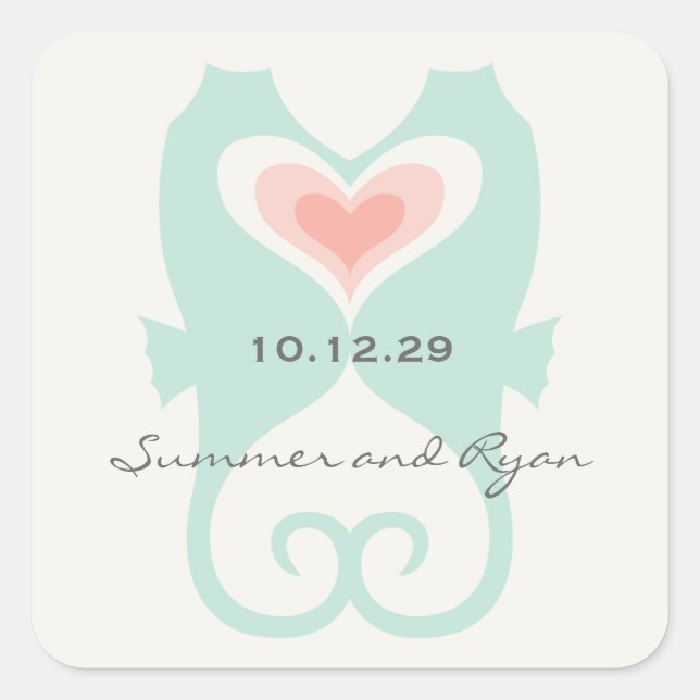 Adesivo Quadrado Beijar Cavalos Adoram Corações de Praia Casamento  (Frente)