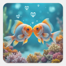 Adesivo Quadrado Beijar Peixe Com Bolhas De Coração