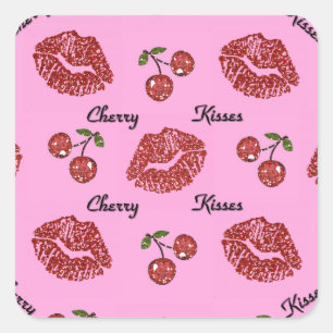 Adesivo Quadrado Beijos de Cereja Rockabilly RAB em Rosa