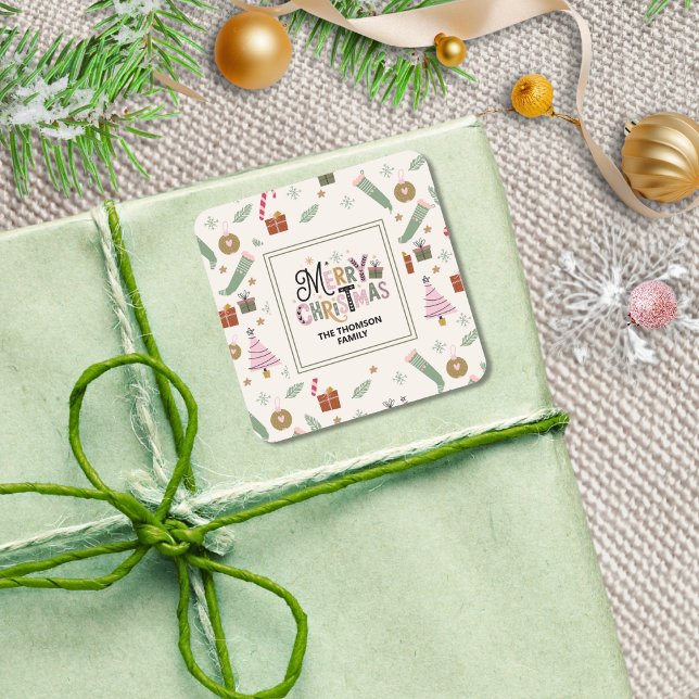 Adesivo Quadrado Bela Boca Verde Rosa Feliz Feliz Natal (Criador carregado)
