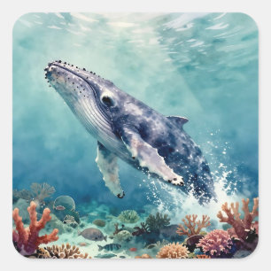 Adesivo Quadrado Bela Ilustração de Baleia com Impasto Oceânico