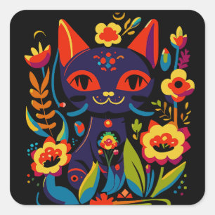 Adesivo Quadrado Bela Ilustração Floral de Arte Popular com Gato Pr