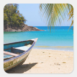Adesivo Quadrado Bela praia tropical com um barco