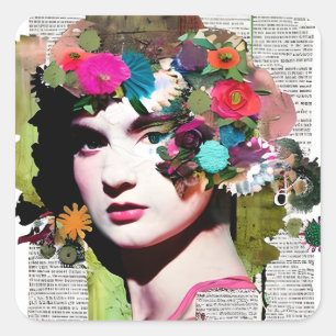 Adesivo Quadrado Bela Vintage Lady Paper Collage Jornal