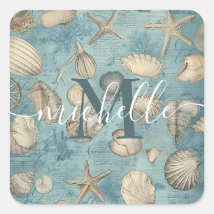 Adesivo Quadrado Bela Vintagem Personalizada Concha De Azul