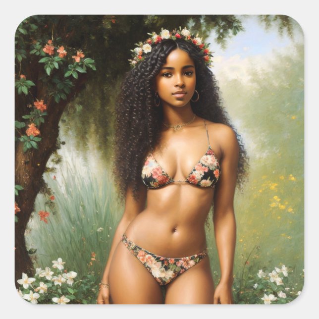 Adesivo Quadrado Beleza Floral Modelo Bikini da Mulher Negra (Frente)