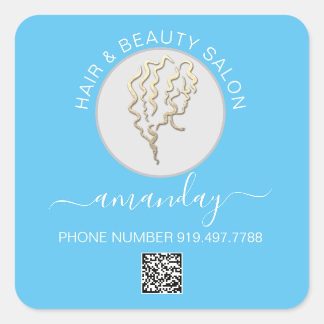 Adesivo Quadrado Beleza Salon Logotipo Blue QR CODE (Frente)