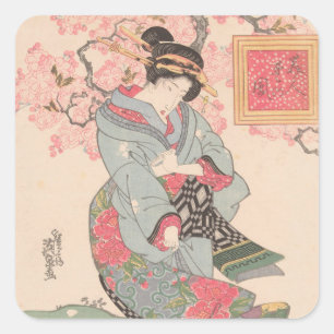 Adesivo Quadrado Beleza sob Cherry Blossoms Vintage Ukiyo-e