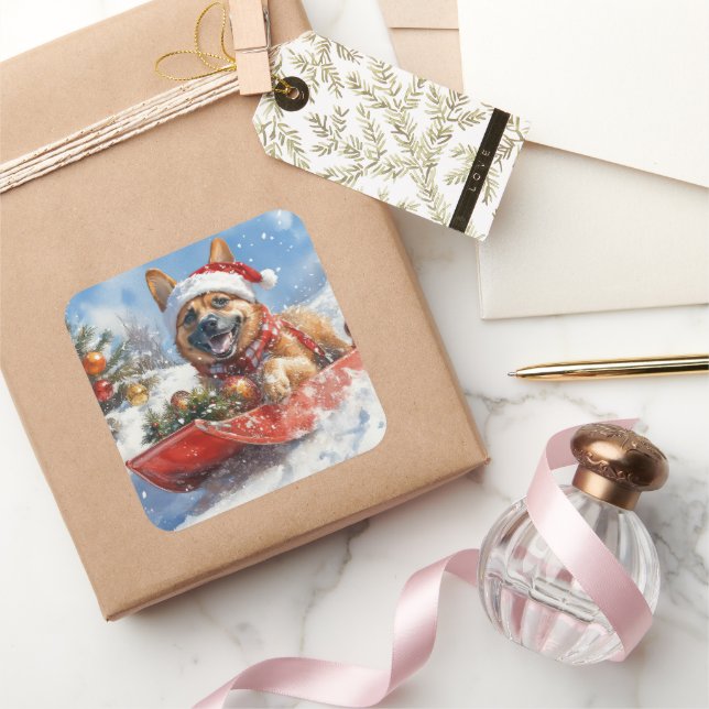 Adesivo Quadrado Belga Malinoi em Sledge Deixe nevar o Natal (Presentear)