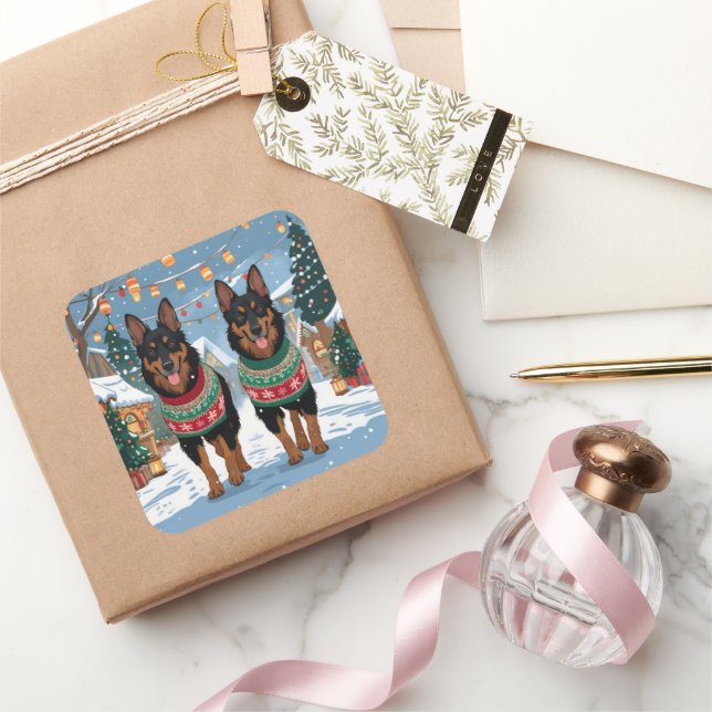 Adesivo Quadrado Belgian Malinois Dogs Christmas Snow Holiday  (Presentear)
