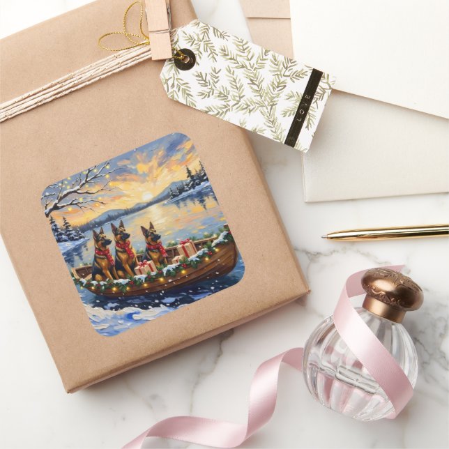 Adesivo Quadrado Belgian Shepherd Tervuren Christmas Boat Holiday (Presentear)