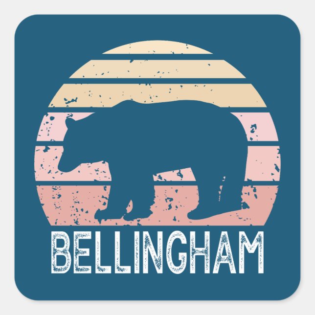 Adesivo Quadrado Bellingham Washington Retro Bear (Frente)