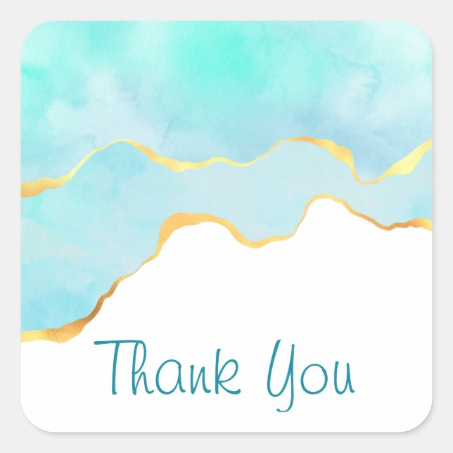 Adesivo Quadrado Belo azul verde tropical com borda Dourada (Frente)