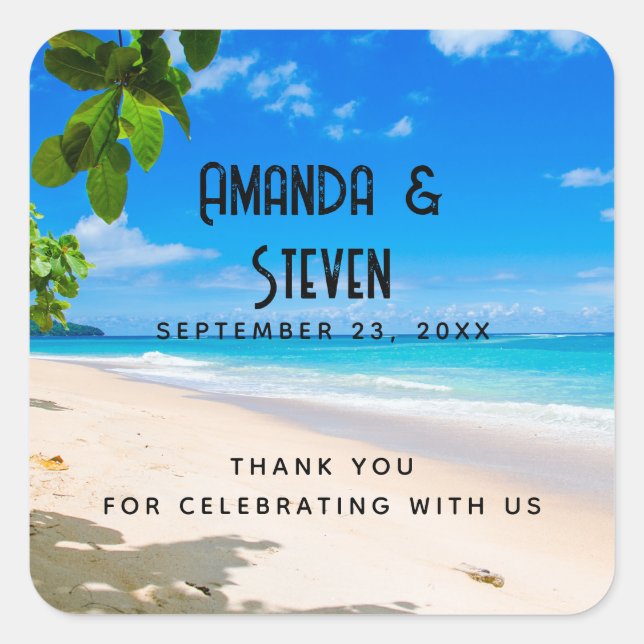 Adesivo Quadrado Belo Casamento de Fotografias de Praia Tropical Su (Frente)