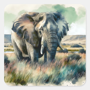 Adesivo Quadrado Belo Elefante De Aquarela