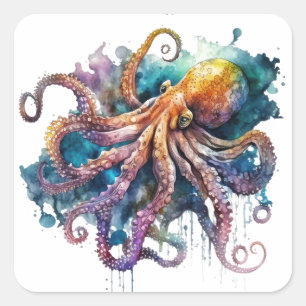 Adesivo Quadrado Belo Octopus De Aquarela