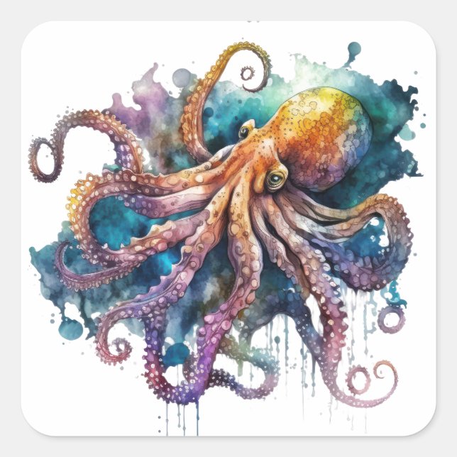 Adesivo Quadrado Belo Octopus De Aquarela (Frente)