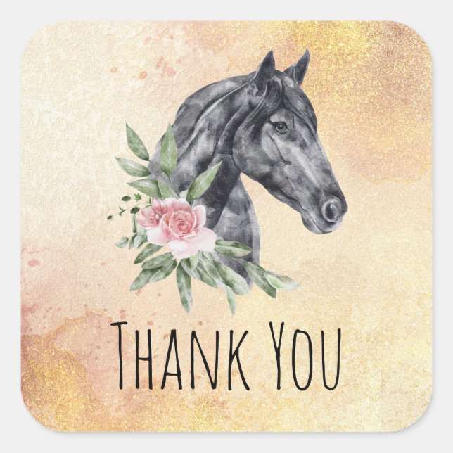 Adesivo Quadrado Belo Retrato de Cabeça de Cavalo Aquarela Obrigado (Frente)