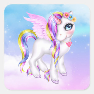 Adesivo Quadrado Belo Unicórnio com Rainbow Mane Tail
