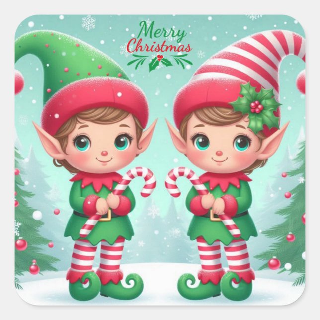 Adesivo Quadrado Belos elfos de Natal (Frente)