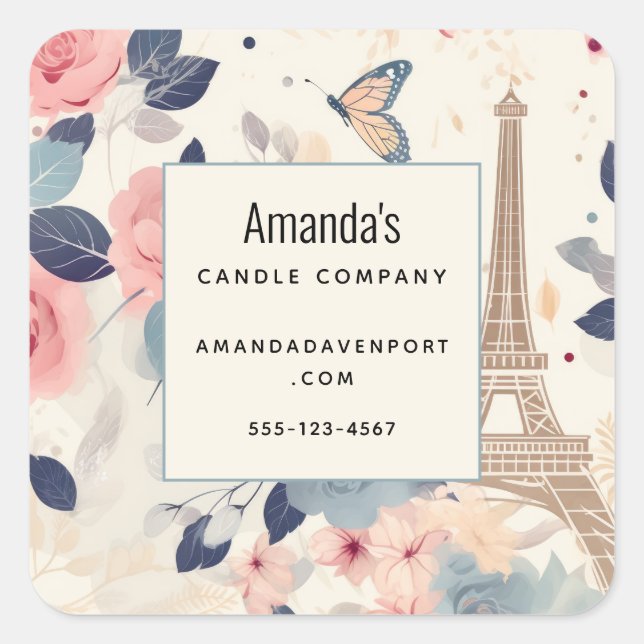 Adesivo Quadrado Belos Flores e Eiffel Tower Paris Business (Frente)