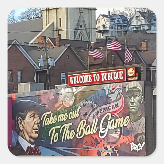 Adesivo Quadrado Bem-vindo a Dubuque, Sinal de Iowa com Sinalizador (Frente)