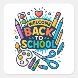 Adesivo Quadrado Bem-vindo de volta à Design de Arte Divertida da E