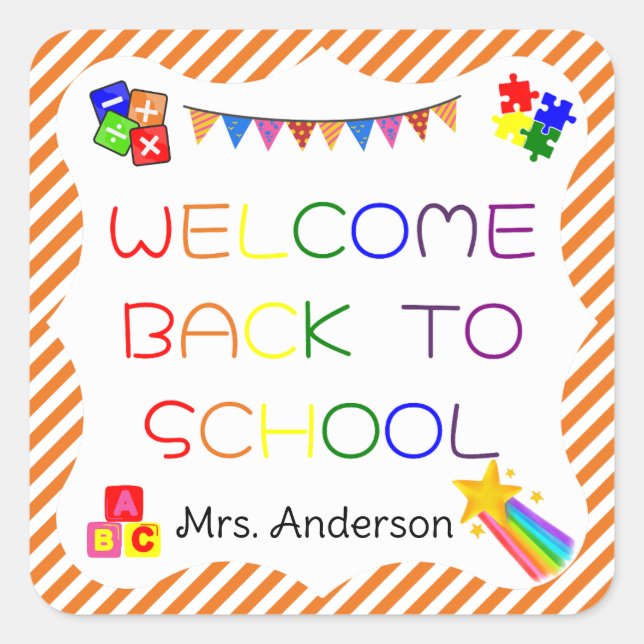 Adesivo Quadrado Bem-vindo de volta à escola no primeiro dia da esc (Frente)
