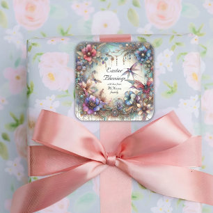 Adesivo Quadrado Bênçãos da Páscoa Floral em Aquarela Elegante
