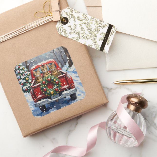 Adesivo Quadrado Bengal Cat Christmas Red Truck Holiday (Presentear)