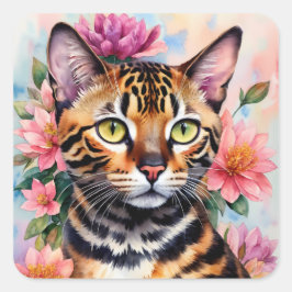 Adesivo Quadrado Bengal Cat Floral Art