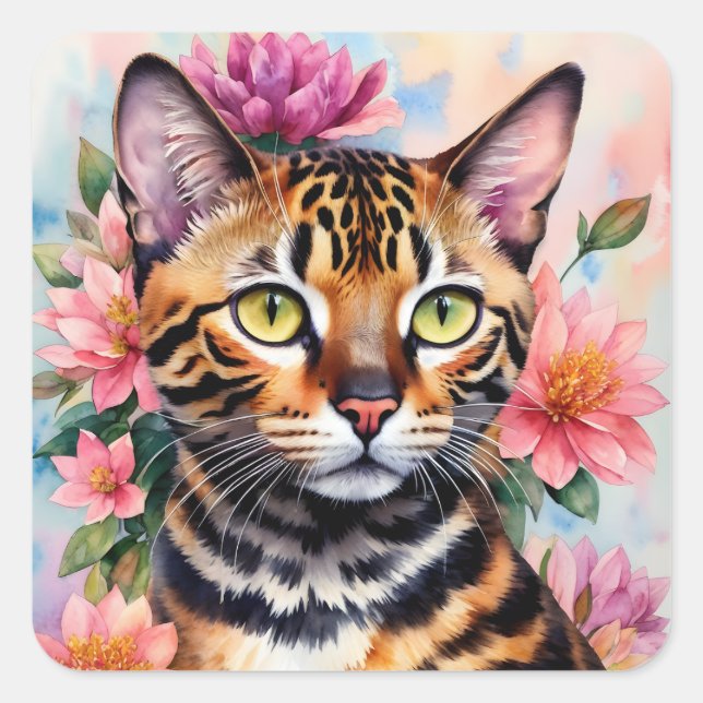 Adesivo Quadrado Bengal Cat Floral Art (Frente)