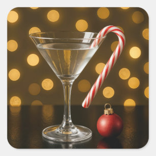 Adesivo Quadrado Bengala de Natal em um Copo de Martini