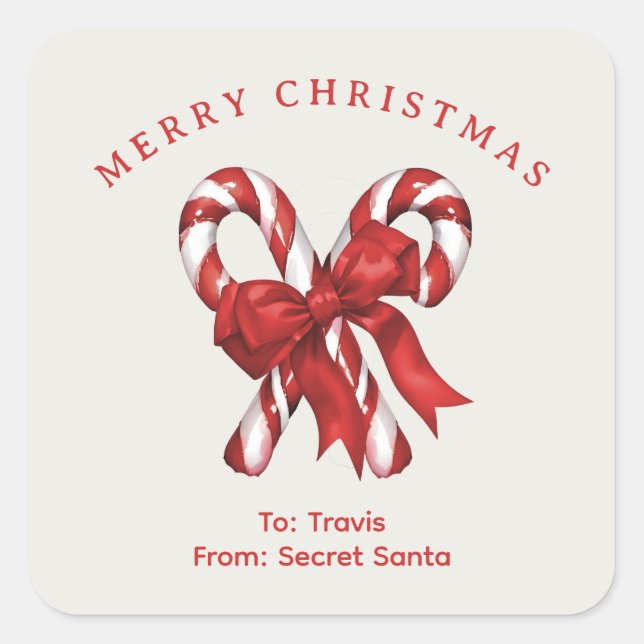 Adesivo Quadrado Bengalas de Natal personalizadas com arco presente (Frente)