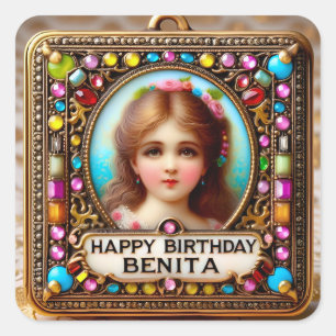 Adesivo Quadrado BENITA ~ FELIZ ANIVERSÁRIO ~ Vintage Girl ~