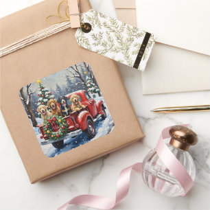 Adesivo Quadrado Bernedoodle Natal Caminhão Vermelho Férias