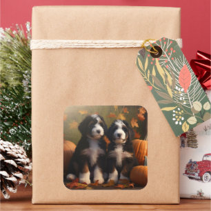 Adesivo Quadrado Bernedoodle Puppy Autumn Delight Pumpkin