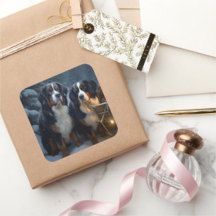 Adesivo Quadrado Bernese Mountain Snowy Sleigh Decência de Natal