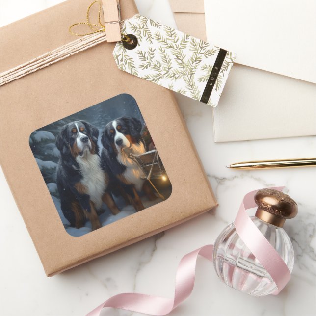 Adesivo Quadrado Bernese Mountain Snowy Sleigh Decência de Natal (Presentear)