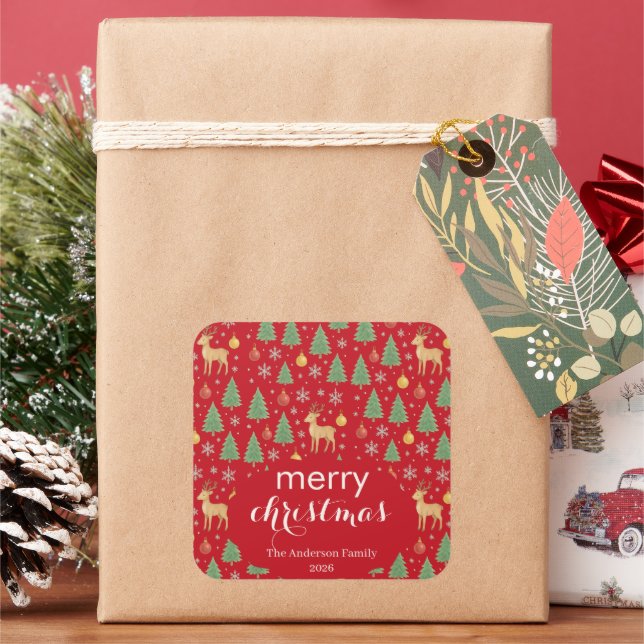 Adesivo Quadrado Berrendas de Aquarela e Árvore de Natal - (Feriado)